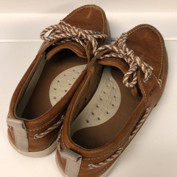Crocs Women's Size 7 Leather upper Tie 2 eye Deck boating loafers Shoes - Picture 5 of 6